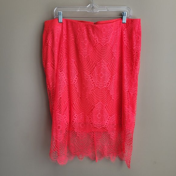 Torrid Womens Skirt Size 1x Neon Coral Orange Lace Overlay Pencil Midi Lined Zip - Picture 1 of 10